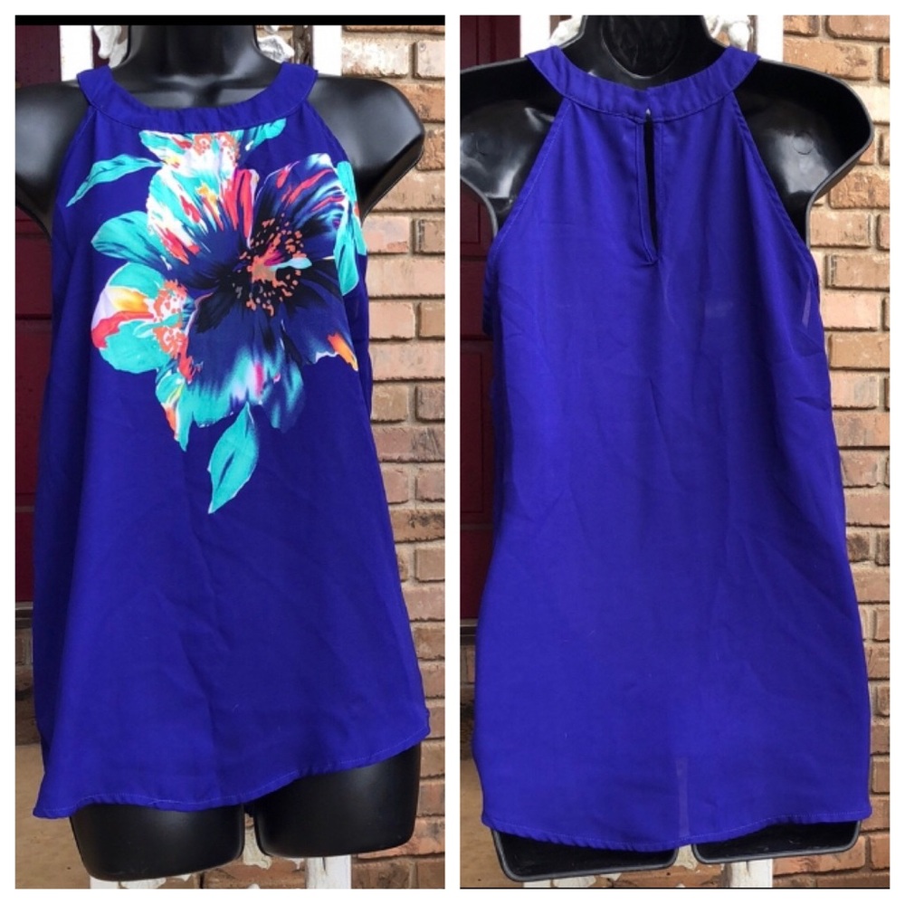 CYNTHIA ROWLEY | high neck halter sleeveless blouse in hibiscus indigo, small